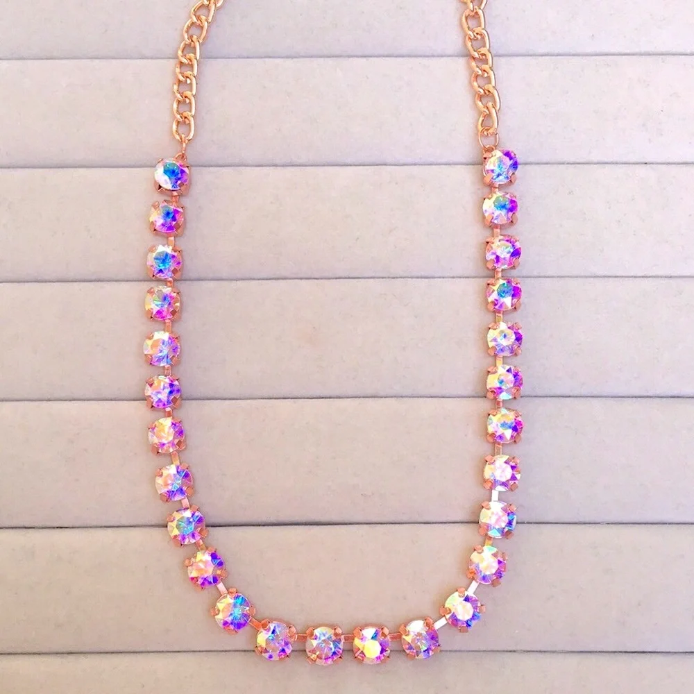 Aurora Borealis + Rose Gold Crystal Tennis Statement Necklace
